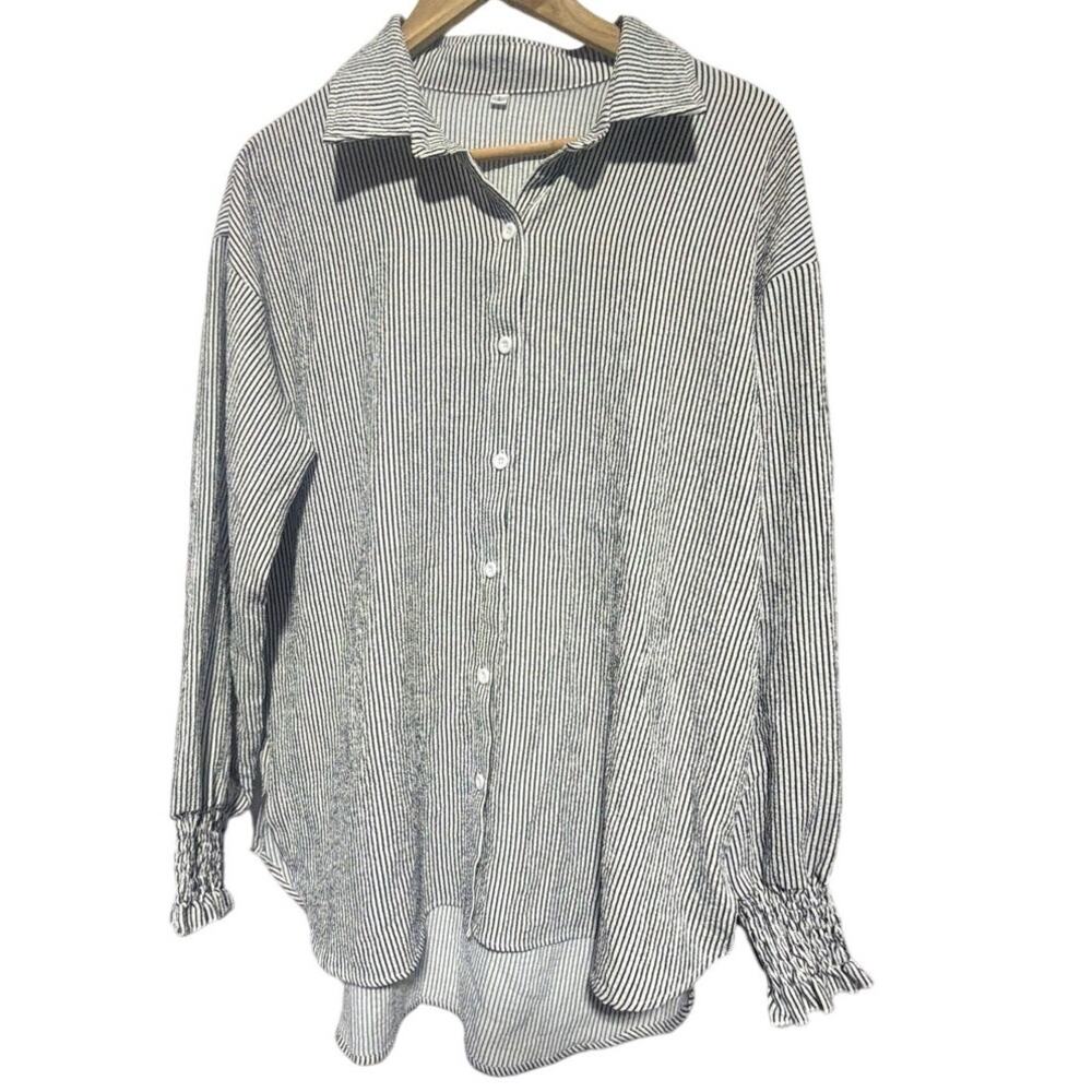Large Black White Striped Button Front Long Sleeve Blouse Shirt - Picture 1 of 5